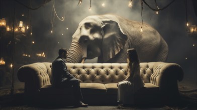 A young couple sitting uncomfortably on the couch together ignoring the elephant in the room.