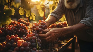 Weathered vintner inspects his wine grape harvest in the vineyard. generative AI