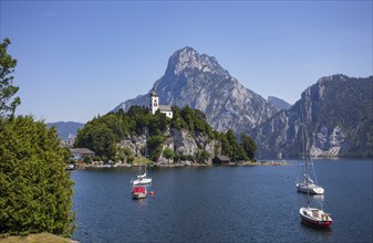 Drone shot, panorama shot, Johannesberg Chapel, Traunkirchen with Traunstein, Lake Lake Traun,