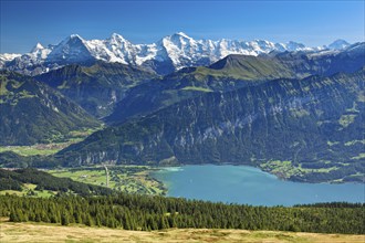 Swiss Alps, View from Niederhorn, Eiger, 3974 m, Moench, 4099 m, Jungfrau, 4158m, Lake Thun,