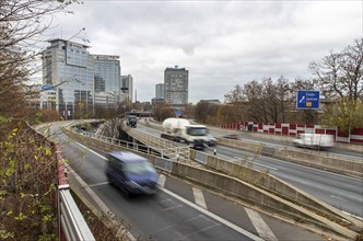 Motorway A40, Ruhrschnellweg, skyline of the city centre of Essen, exit Essen-Zentrum, this area