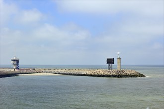 Control tower on the breakwater at the entrance to the port of Zeebrugge, Belgium, Europe