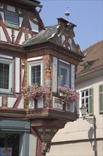 Oriel with ornamentation on half-timbered house, Einhardhaus, Seligenstadt, Main, Hesse, Germany,