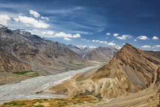 View of Spiti valley and Spiti river ladnscape in Himalayas. Spiti valley, Himachal Pradesh, India,