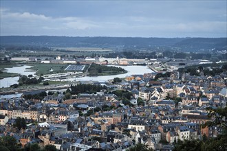 Panoramic view of the houses of the old town and the Seine from the Mont-Joli hill, dusk, Honfleur,