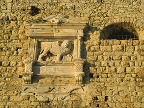 Morning light, Venetian sea fortress, Koules, Morosini, detail, Markus Lion, coat of arms, harbour,