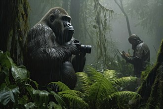 Gorilla photographing a man in the rain forest, AI Generated