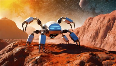 Science fiction, space travel, a robotic vehicle with spider legs exploring the planet Mars, AI