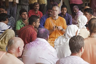 Followers praying at ISKCON Krishna Balaram temple in Vrindavan, Uttar Pradesh, India, Asia