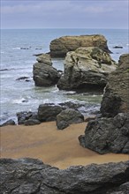 Sea stacks at the Plage des Cinq Pineaux at Saint-Hilaire-de-Riez, La Vendée, Pays de la Loire,