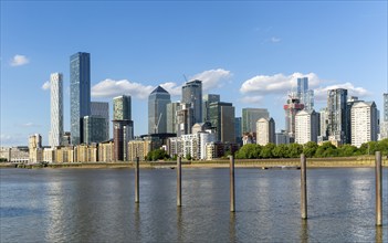 View from Deptford of high rise buildings, Canary Wharf, Isle of Dogs, Docklands, London, England,