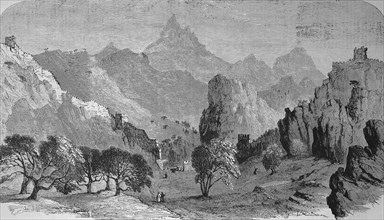 The Great Wall, View from Sha-Po-Yu, in 1869, China, Historical, digitally restored reproduction of