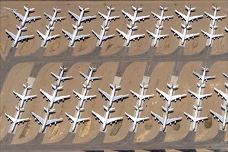 Aerial view of parked commercial aircraft at Teruel Airport in Aragon, parking, storage, scrapping,