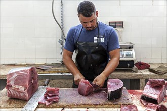 Tuna being cut up, fish hall, fish market, market hall Mercado dos Lavradores, Funchal, Madeira