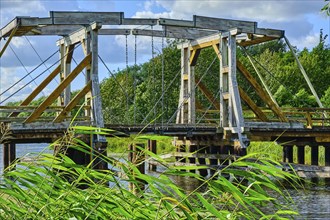 Listed wooden bascule bridge over the Trebel near Nehringen, Mecklenburg-Western Pomerania,