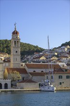 Church of St. Jerome of Stridon and sailing boat, Pucišca, Split-Dalmatia County, Croatia, Europe