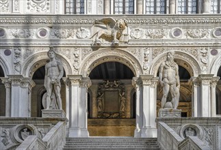 Winged lion in the courtyard of the Doge's Palace, San Marco district, Venice, Veneto region,