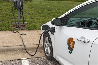 Republic, Missouri, A National Park Service Chevrolet Volt hybrid electric car charging at Wilson's