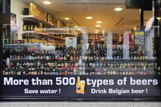 Bruges, Belgium, MAY 29, 2018: Beer shop window in Belgium. Belgium is known for beer production