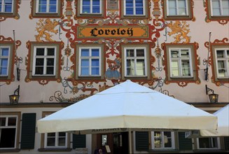 Painted house façade of the Loreley restaurant in the town centre, Coburg, Upper Franconia,