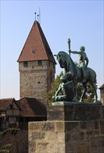 The equestrian statue and the Bulgarian tower of Veste Coburg, Upper Franconia, Bavaria, Germany,