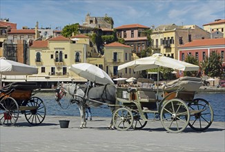 Venetian harbour, horse-drawn carriage, Chania, Crete, Greece, Europe