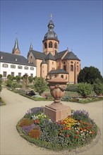 Garden with Einhard Basilica of St. Marcellinus and Peter, monastery complex, Seligenstadt, Main,