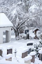 Cemetery at St Martin's parish church, late Middle Ages, snowed in, fresh snow, heavy snowfall,