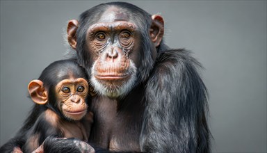 Animal portrait, A female chimpanzee in tender contact with a young animal, a baby chimpanzee, KI