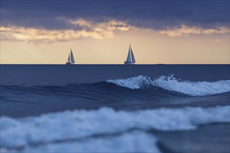 Sailing ships in the open stormy sea, AI generated