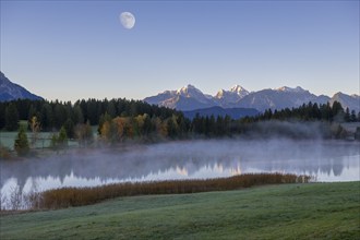 Photomontage, Hegratsrieder See near Füssen, moon, Allgäu Alps, Allgäu, Bavaria, Germany, Europe