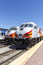 Locomotives of the New Mexico Rail Runner Express regional train railway in Santa Fe, USA, North