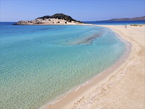 Drone shot, double bay of Simos beach, Sarakiniko beach, Elafonisos, Deer Island, Laconia,