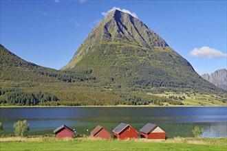 Steep mountains and red wooden sheds on the shore of a fjord, Aldersund, FV 17, Kystriksveien,