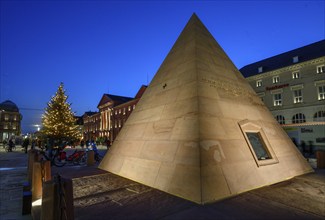 Illuminated pyramid on the market place, Christmas market, blue hour, Karlsruhe, Baden-Württemberg,