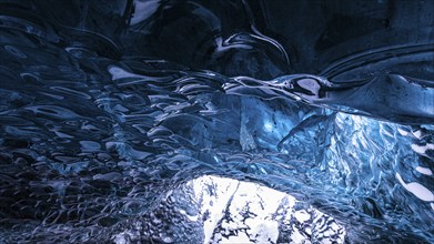 Aquamarine ice combs in Pröng Ice Cave, Sudurland, Iceland, Europe