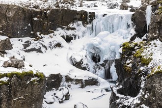 Frozen waterfall, Fossardarlur, Sudausturland, Iceland, Europe