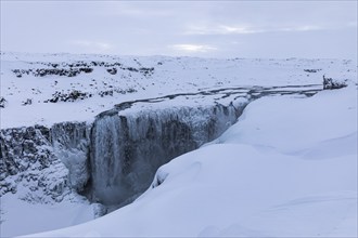 Dettifoss waterfall with icy and snow-covered rock face, snow-covered landscape, Northern Iceland