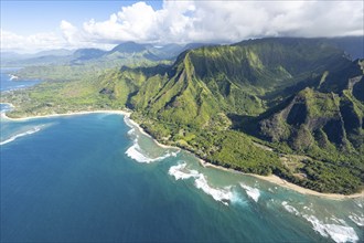 Aerial view Kee Beach, Haena Beach, Tunnels Beach, Kepuhi Beach, Kauai, Hawaii, USA, North America