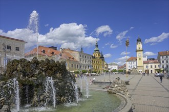 Fountain on the main square behind the clock tower, Banská Bystrica, Banskobystrický kraj,