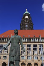 Trümmerfrau Monument in front of the Town Hall, The New Town Hall in Dresden, Saxony, Germany,