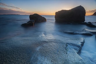 Rocky coast at sunset, Utakleiv, Lofoten, Norway, Europe