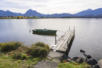 Footbridge at the Hopfensee, fishing boat, Allgäu Alps, Hopfen am See, Ostallgäu, Bavaria, Germany,