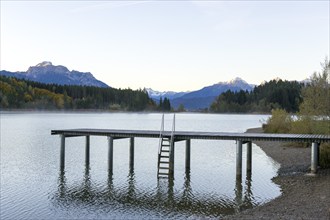 Steg am Forggensee, Allgäu Alps, near Füssen, Ostallgäu, Bavaria, Germany, Europe