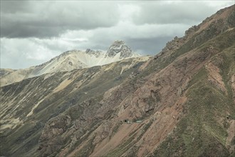 View from the Ticlio Pass in west direction, route of the train line from Lima to La Oroya, Alto de