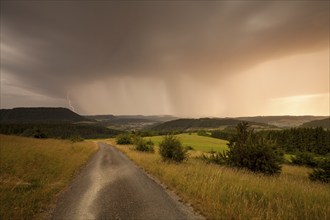 Lightning strike on the Messelberg near Donzdorf. Summer thunderstorm over the Swabian Alb