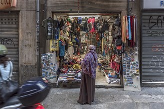 Small shop with textiles and souvenirs in the historic centre, Genoa, Italy, Europe