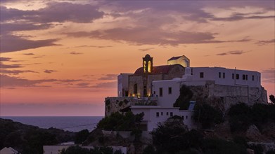 Dusk, sunset, cloudy sky, pink sky, Chrissoskalitissa, rock monastery, artificial light, Orthodox