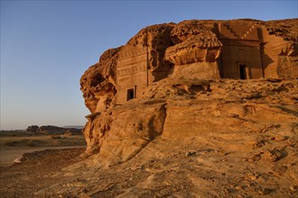 Nabataean tombs at Djabal Al-Ahmar in first light, Hegra or Mada'in Salih, AlUla region, Medina