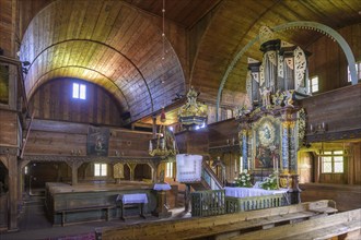 View of the altar in the Lutheran wooden church (Unesco World Heritage Site), Hronsek,